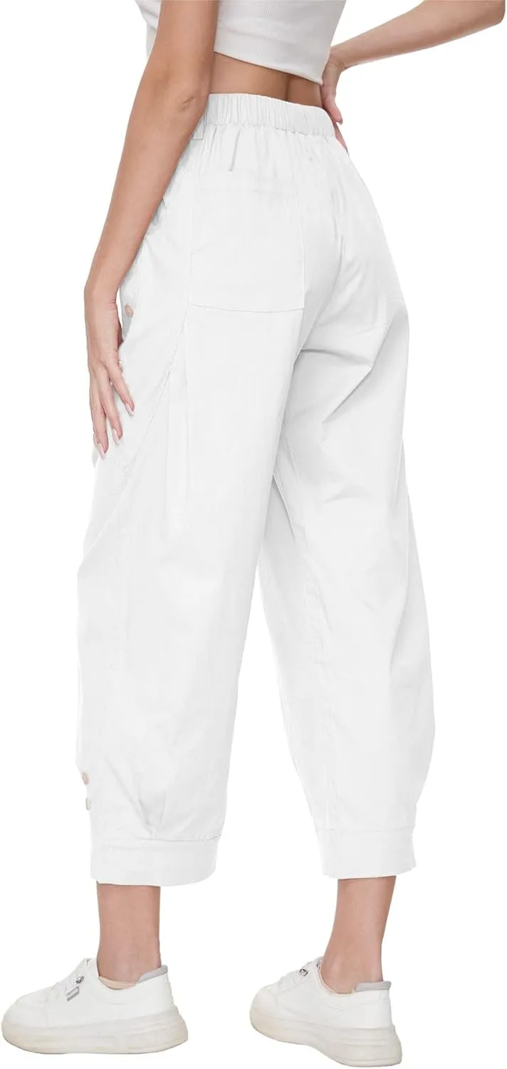 Women Wide Leg Capri Pants Drawstring Elastic Waist Lounge Pants Baggy Cinch Bottom Cropped Trousers with Pockets