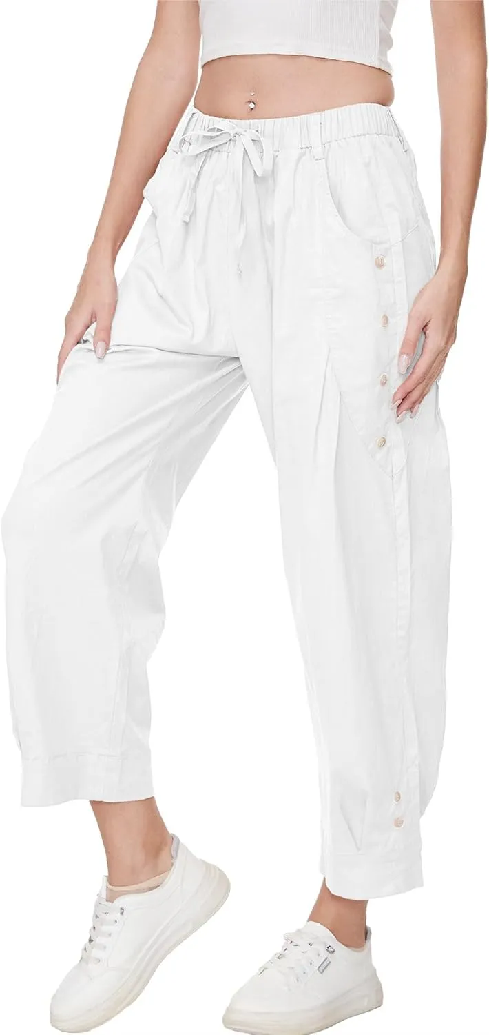 Women Wide Leg Capri Pants Drawstring Elastic Waist Lounge Pants Baggy Cinch Bottom Cropped Trousers with Pockets