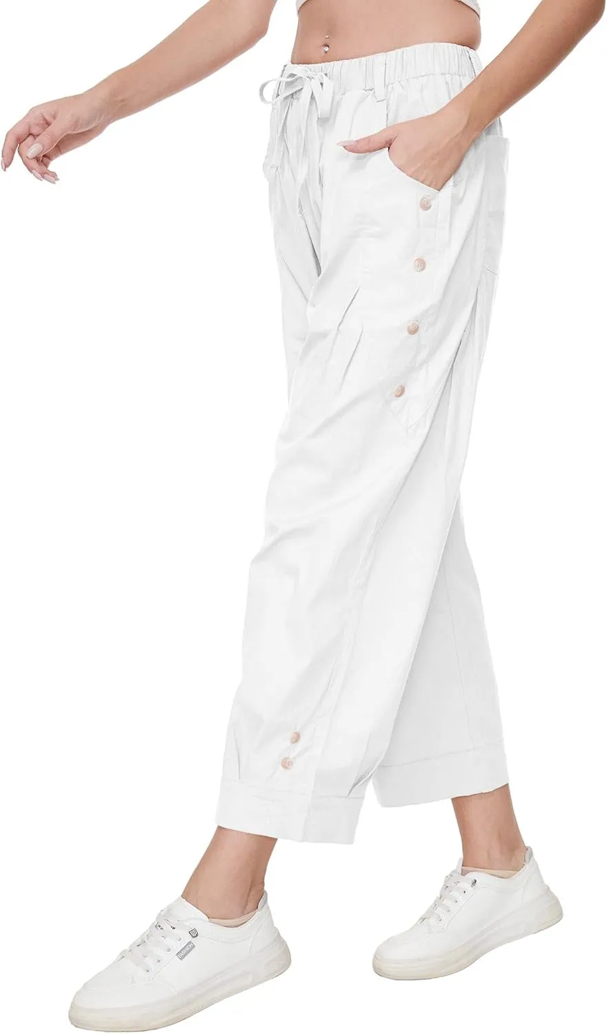 Women Wide Leg Capri Pants Drawstring Elastic Waist Lounge Pants Baggy Cinch Bottom Cropped Trousers with Pockets