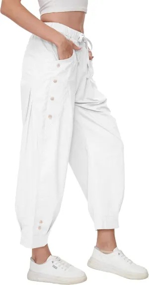 Women Wide Leg Capri Pants Drawstring Elastic Waist Lounge Pants Baggy Cinch Bottom Cropped Trousers with Pockets