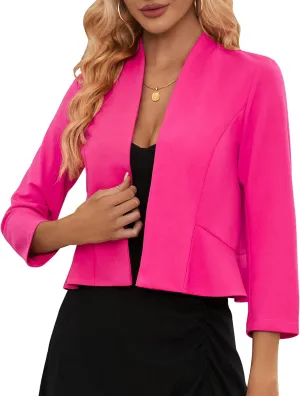 Women's Casual Cropped Blazer 3/4 Sleeve Collarless Open Front Ruffle Work Office Cardigan Suit Jacket Shrug
