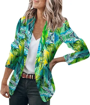 Womens Casual Floral Blazers Open Front Long Sleeve Work Office Jackets Coat Green