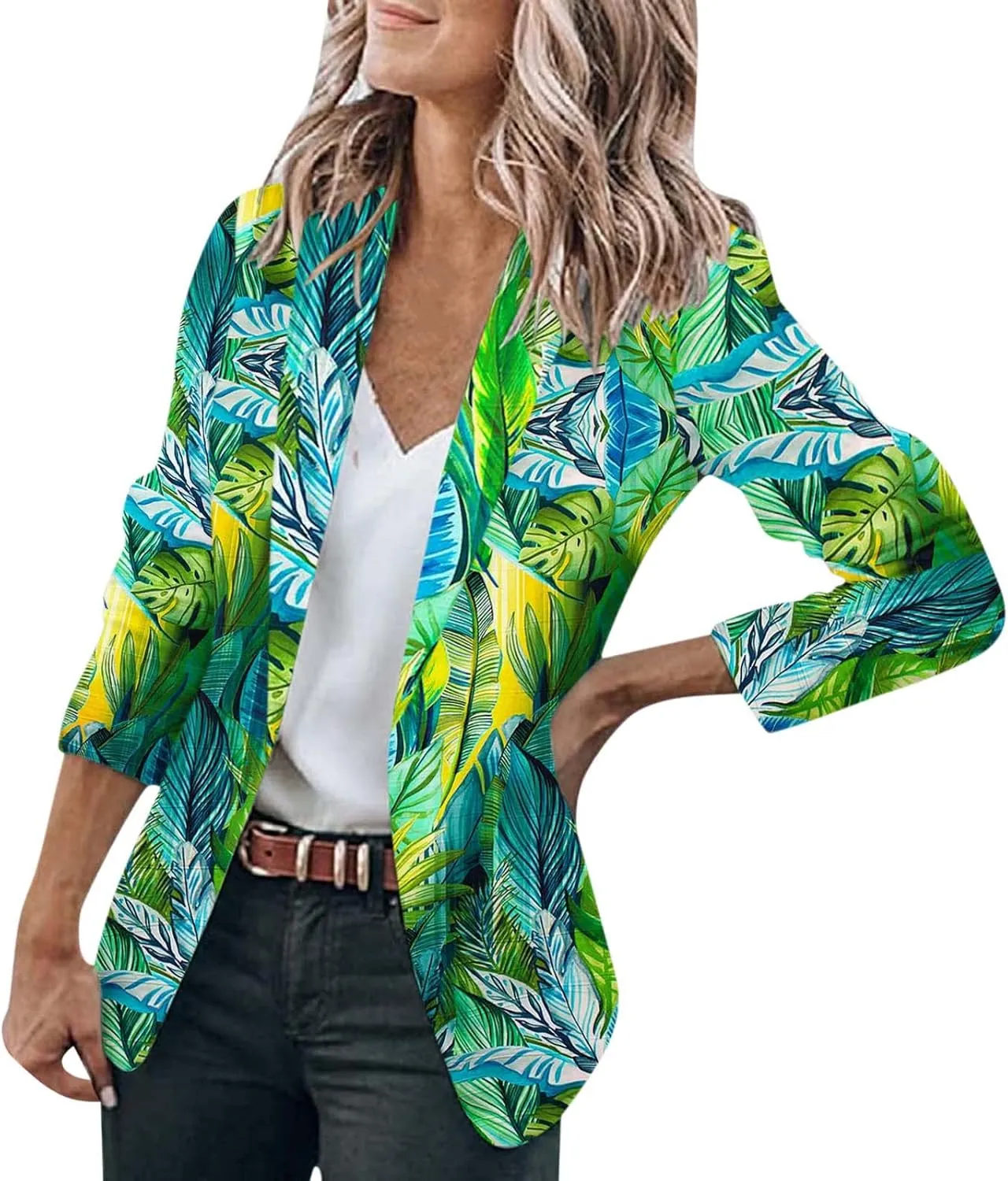 Womens Casual Floral Blazers Open Front Long Sleeve Work Office Jackets Coat Green