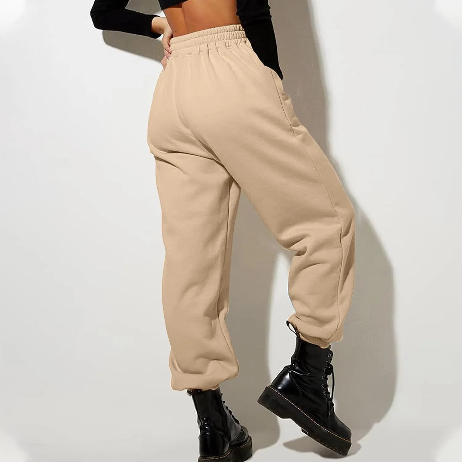 Womens Casual High Waist Trousers Elastic Waist Drawstring Long Pants Solid Color Sweatpants with Multi-Pockets