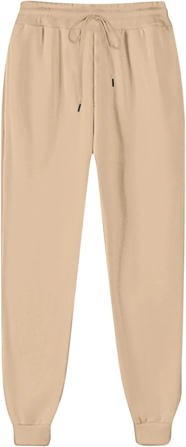 Womens Casual High Waist Trousers Elastic Waist Drawstring Long Pants Solid Color Sweatpants with Multi-Pockets