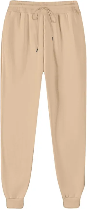 Womens Casual High Waist Trousers Elastic Waist Drawstring Long Pants Solid Color Sweatpants with Multi-Pockets