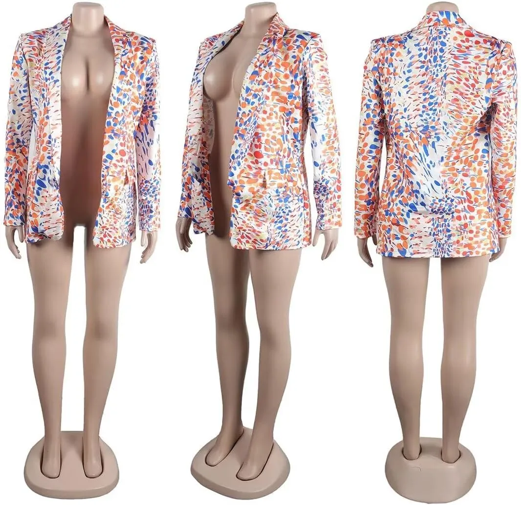 Womens Casual Printed Blazers Long Sleeve Open Front Office Work Suits Blazer Jackets Streetwear