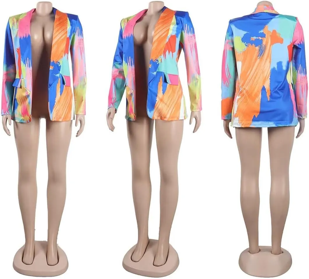 Womens Casual Printed Blazers Long Sleeve Open Front Office Work Suits Blazer Jackets Streetwear