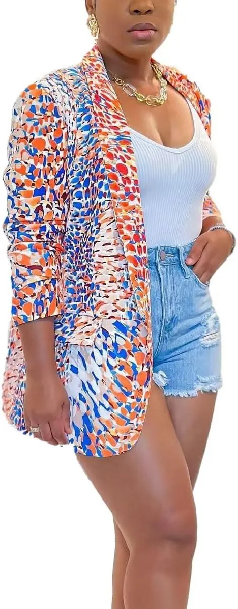 Womens Casual Printed Blazers Long Sleeve Open Front Office Work Suits Blazer Jackets Streetwear