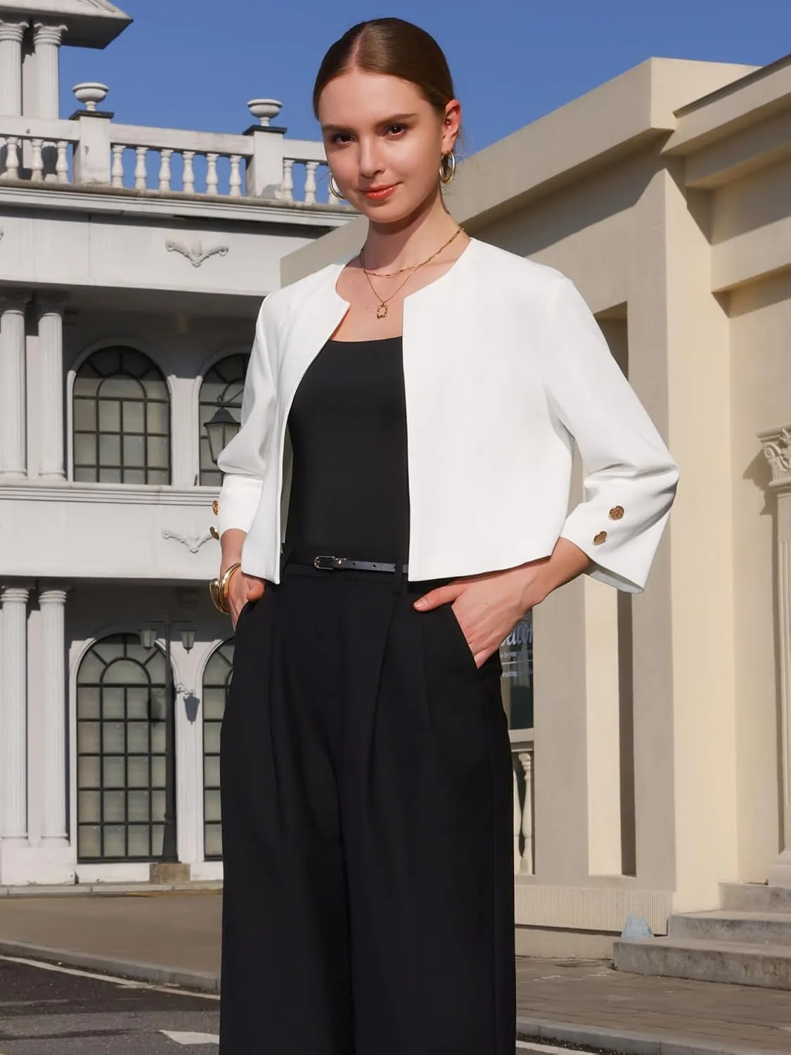 Women's Collarless Blazers 3/4 Sleeve Dressy Casual Cropped Jacket