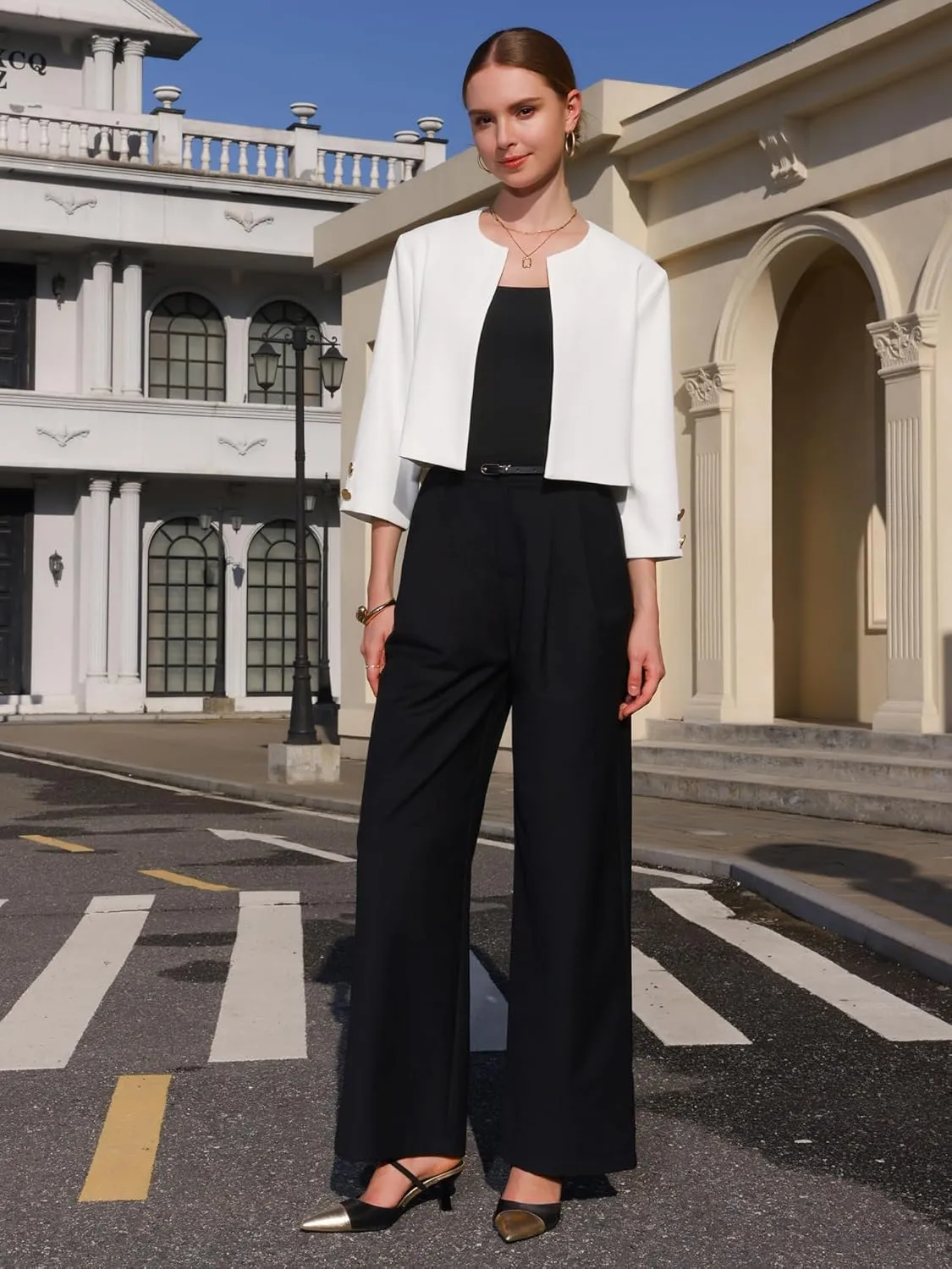 Women's Collarless Blazers 3/4 Sleeve Dressy Casual Cropped Jacket