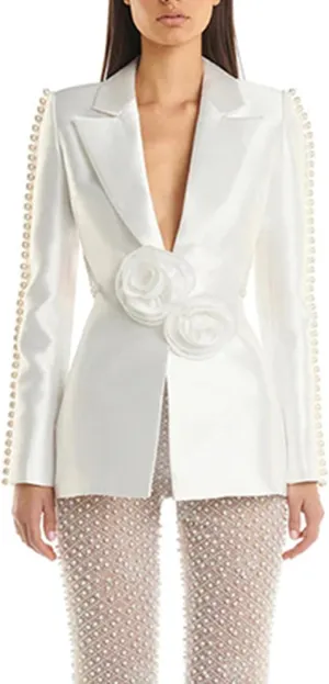Women's Fashion Notch Lapel Blazer Jacket Pearl Long Sleeve 3D Flowers Sexy Hollow Out Suit Jacket Top