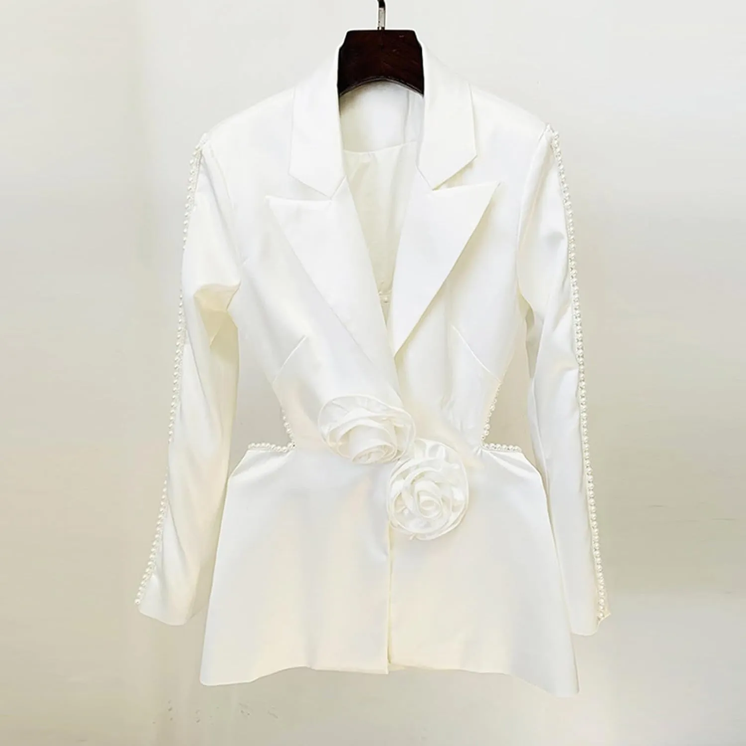 Women's Fashion Notch Lapel Blazer Jacket Pearl Long Sleeve 3D Flowers Sexy Hollow Out Suit Jacket Top