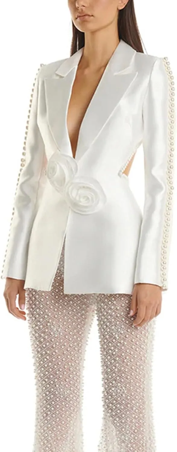 Women's Fashion Notch Lapel Blazer Jacket Pearl Long Sleeve 3D Flowers Sexy Hollow Out Suit Jacket Top
