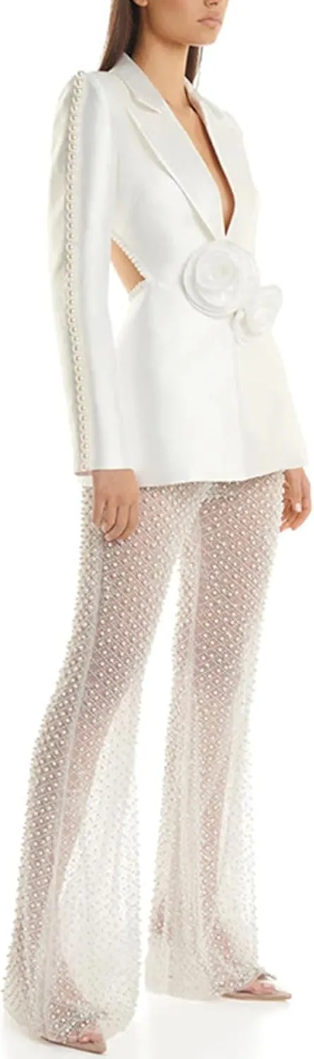 Women's Fashion Notch Lapel Blazer Jacket Pearl Long Sleeve 3D Flowers Sexy Hollow Out Suit Jacket Top