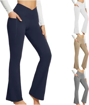 Women's Flared Lounge Pants Elastic Waist Linen Blend Trousers Lightweight Loose Fit Summer Beach Flowy