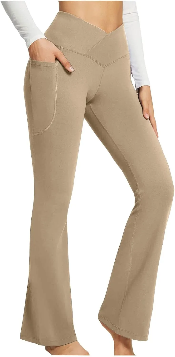 Women's Flared Lounge Pants Elastic Waist Linen Blend Trousers Lightweight Loose Fit Summer Beach Flowy
