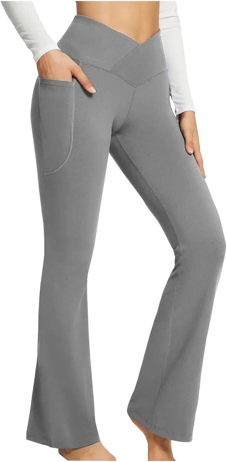 Women's Flared Lounge Pants Elastic Waist Linen Blend Trousers Lightweight Loose Fit Summer Beach Flowy