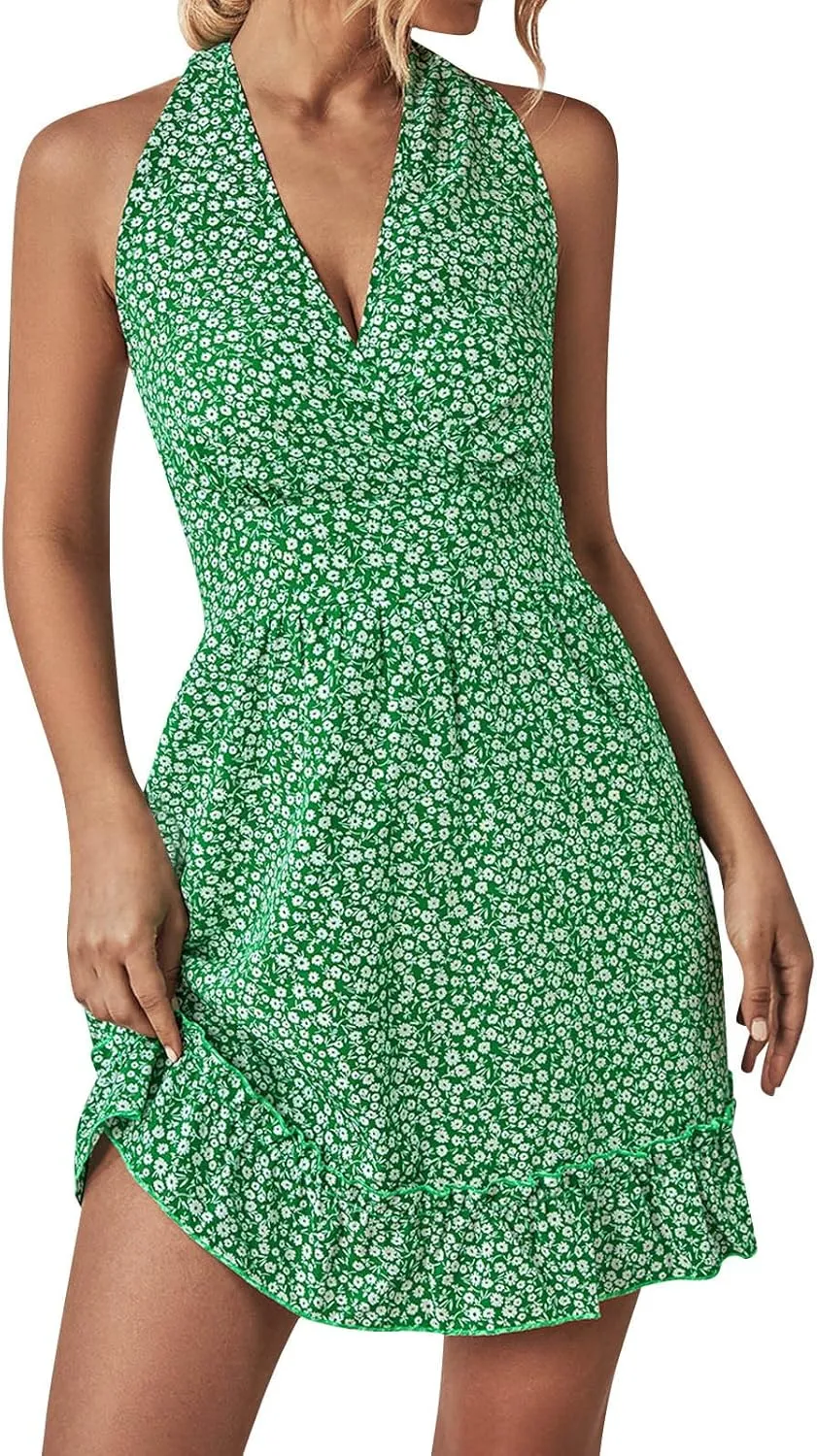 Womens Floral Hater Sundress Bohemia Ruffle Beach Vacation Traveling Dress 2024 Summer Trendy V Neck Tunic Flowy Mini Dresses