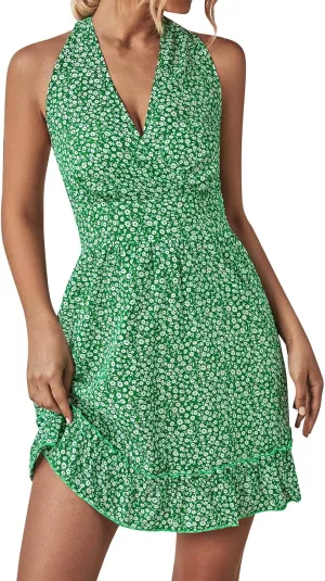 Womens Floral Hater Sundress Bohemia Ruffle Beach Vacation Traveling Dress 2024 Summer Trendy V Neck Tunic Flowy Mini Dresses