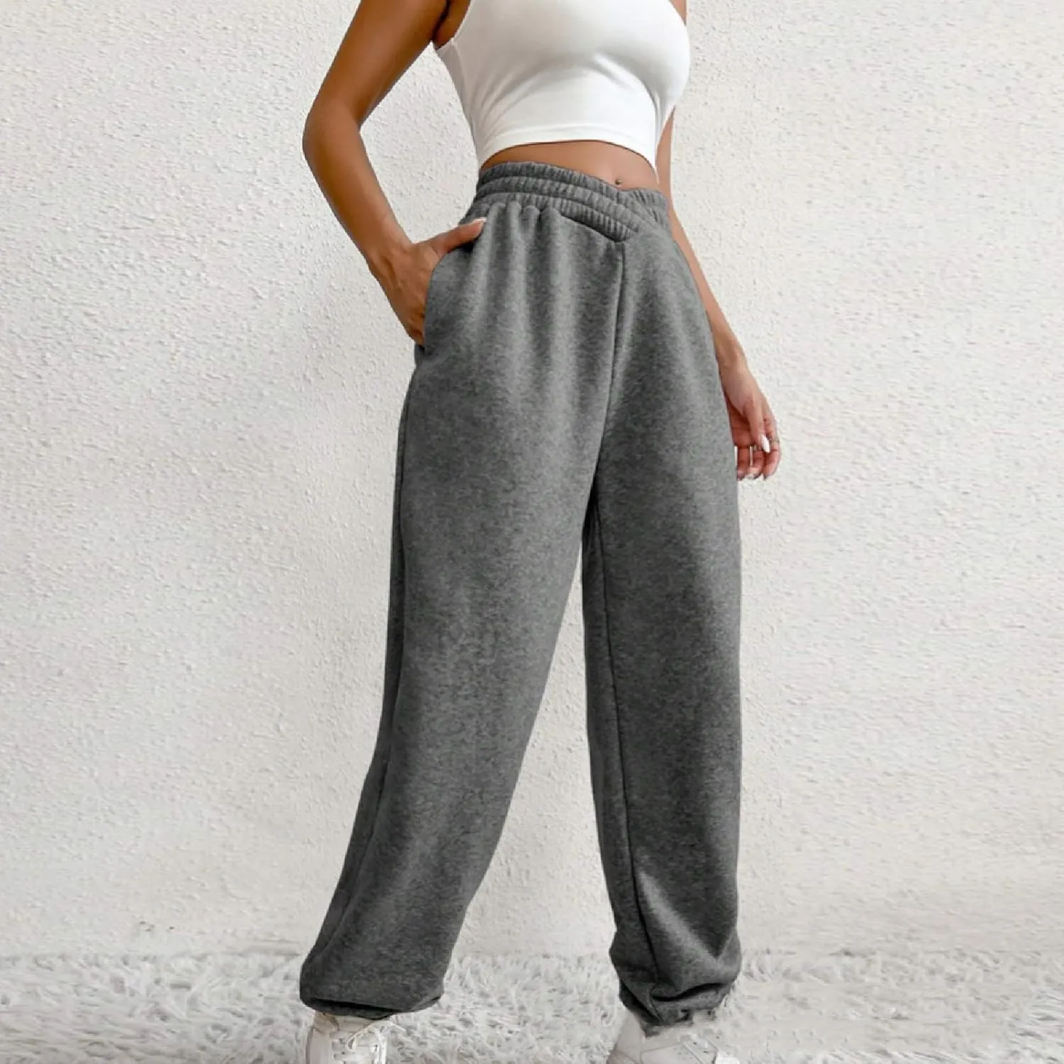 Women's High Waisted Jogger Pants Basic Elastic Waist Trousers Casual Solid Color Lounge Wear