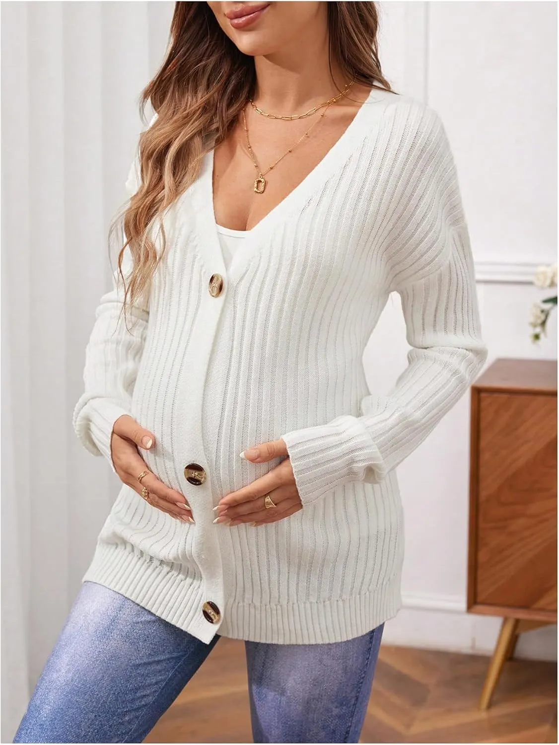 Women's Maternity Cardigan Sweater Textured Button Down Long Sleeve V Neck Sweater Tops