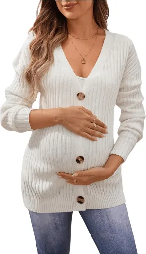 Women's Maternity Cardigan Sweater Textured Button Down Long Sleeve V Neck Sweater Tops