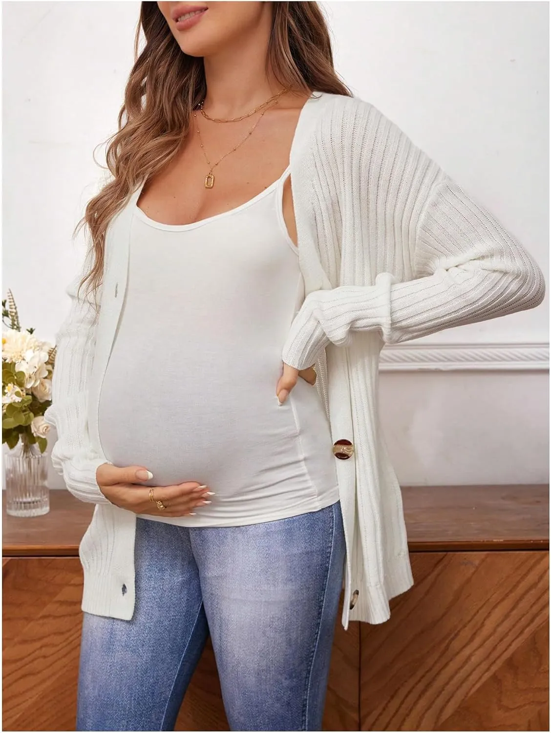 Women's Maternity Cardigan Sweater Textured Button Down Long Sleeve V Neck Sweater Tops