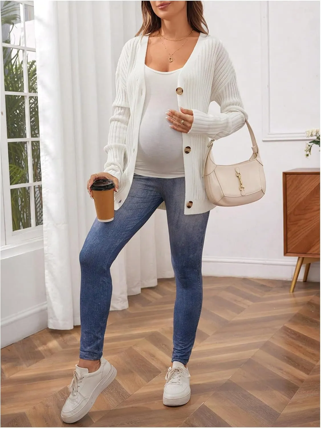 Women's Maternity Cardigan Sweater Textured Button Down Long Sleeve V Neck Sweater Tops