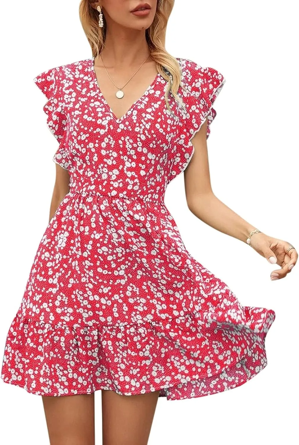 Womens Mini V Neck Floral Dresses 2024 Stylish Summer Beach Travel Dress Sleeveless Ruffle High Waist Elegant A-Line Sundress