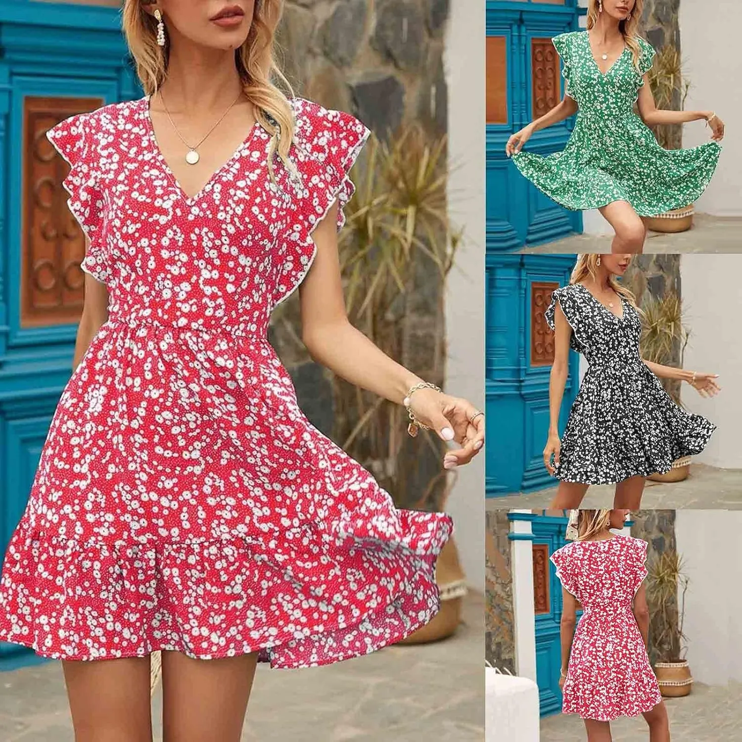 Womens Mini V Neck Floral Dresses 2024 Stylish Summer Beach Travel Dress Sleeveless Ruffle High Waist Elegant A-Line Sundress