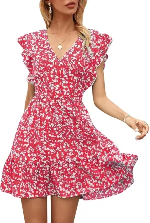 Womens Mini V Neck Floral Dresses 2024 Stylish Summer Beach Travel Dress Sleeveless Ruffle High Waist Elegant A-Line Sundress