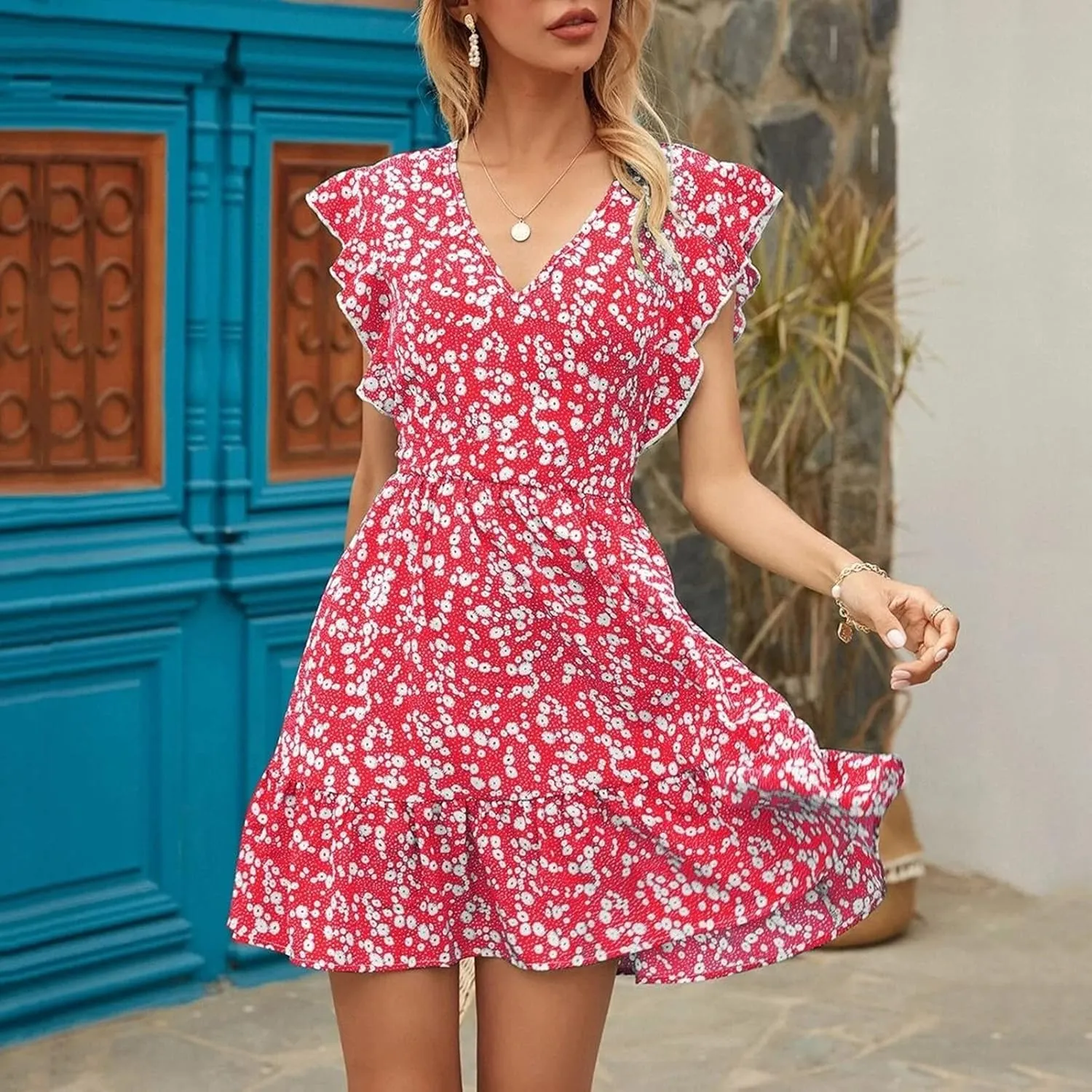 Womens Mini V Neck Floral Dresses 2024 Stylish Summer Beach Travel Dress Sleeveless Ruffle High Waist Elegant A-Line Sundress