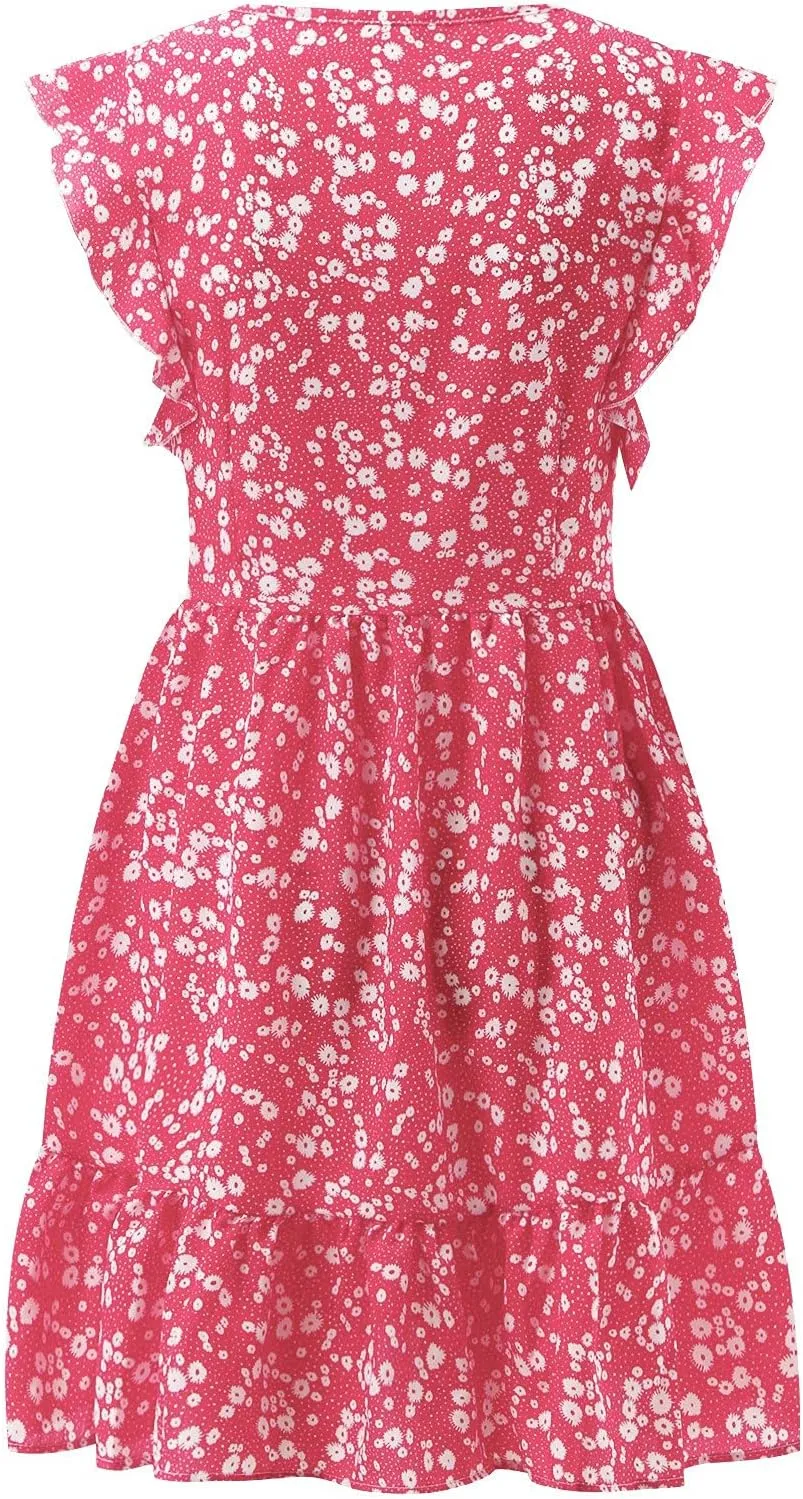 Womens Mini V Neck Floral Dresses 2024 Stylish Summer Beach Travel Dress Sleeveless Ruffle High Waist Elegant A-Line Sundress