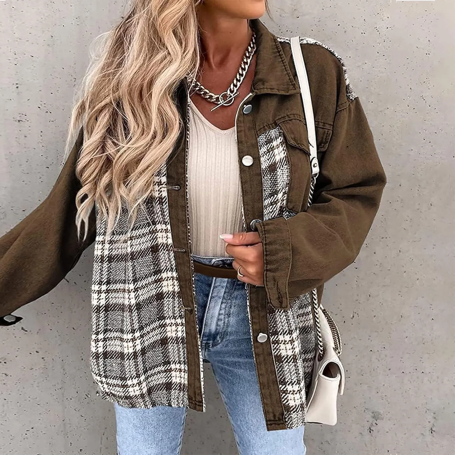 Women's Oversized Denim Jacket Fall Fashion Button Down Lapel Plaid Shacket Casual Long Sleeve Boyfriend Jean Jacket
