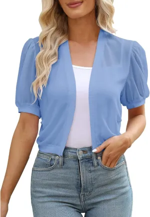 Women's Puff Sleeve Bolero Shrugs Sheer Chiffon Cropped Open Front Cardigans Short Sleeve Shrug for Evening Dress