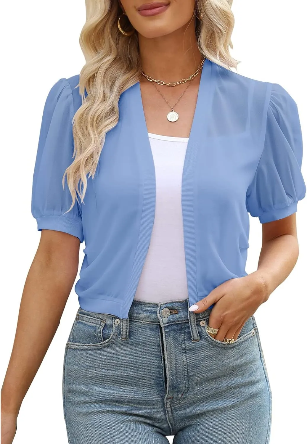 Women's Puff Sleeve Bolero Shrugs Sheer Chiffon Cropped Open Front Cardigans Short Sleeve Shrug for Evening Dress