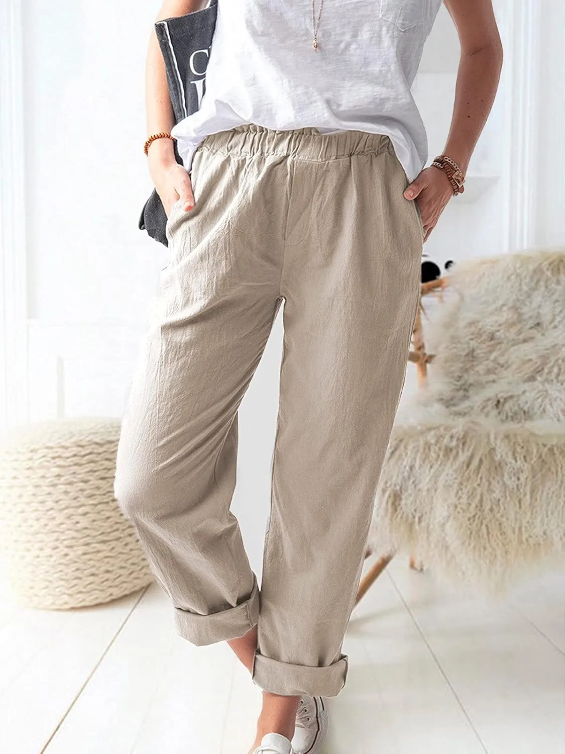 Women's Straight Pants Elastic Waist Casual Trousers Pants with Pockets