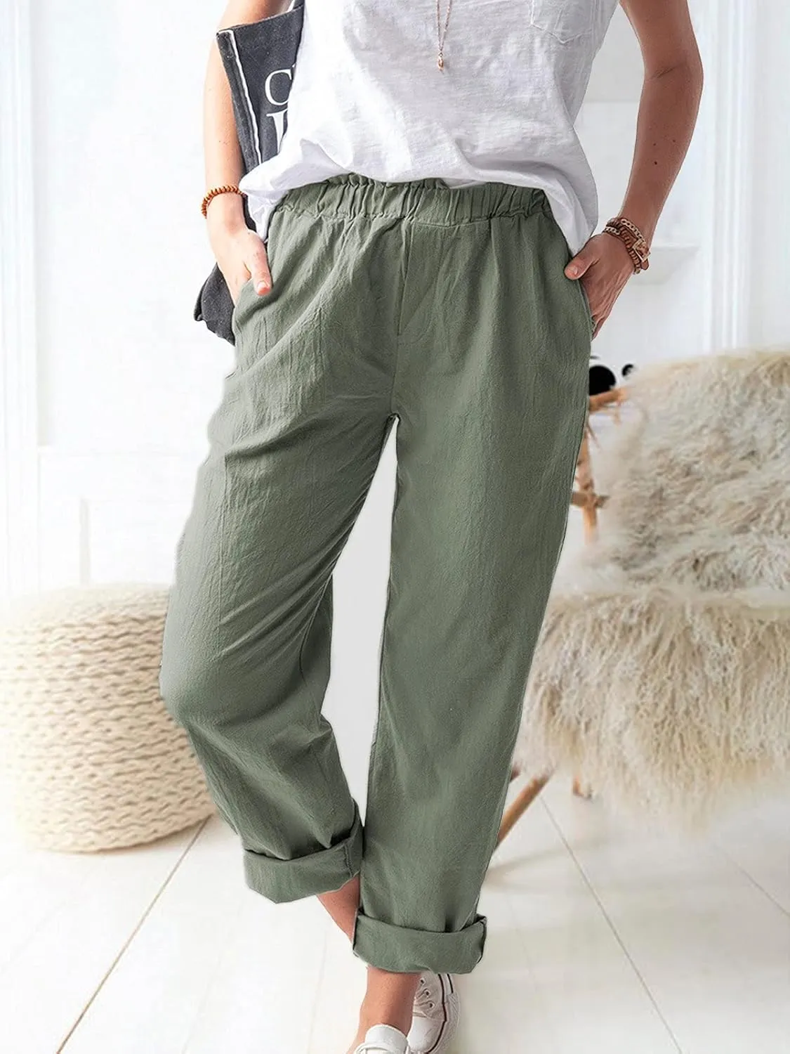 Women's Straight Pants Elastic Waist Casual Trousers Pants with Pockets