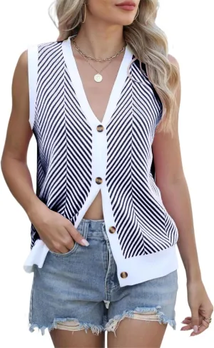 Womens Sweater Vest Summer Striped Cardigan Tops 2025 Sleeveless Button Down Casual Business Knit Outfits