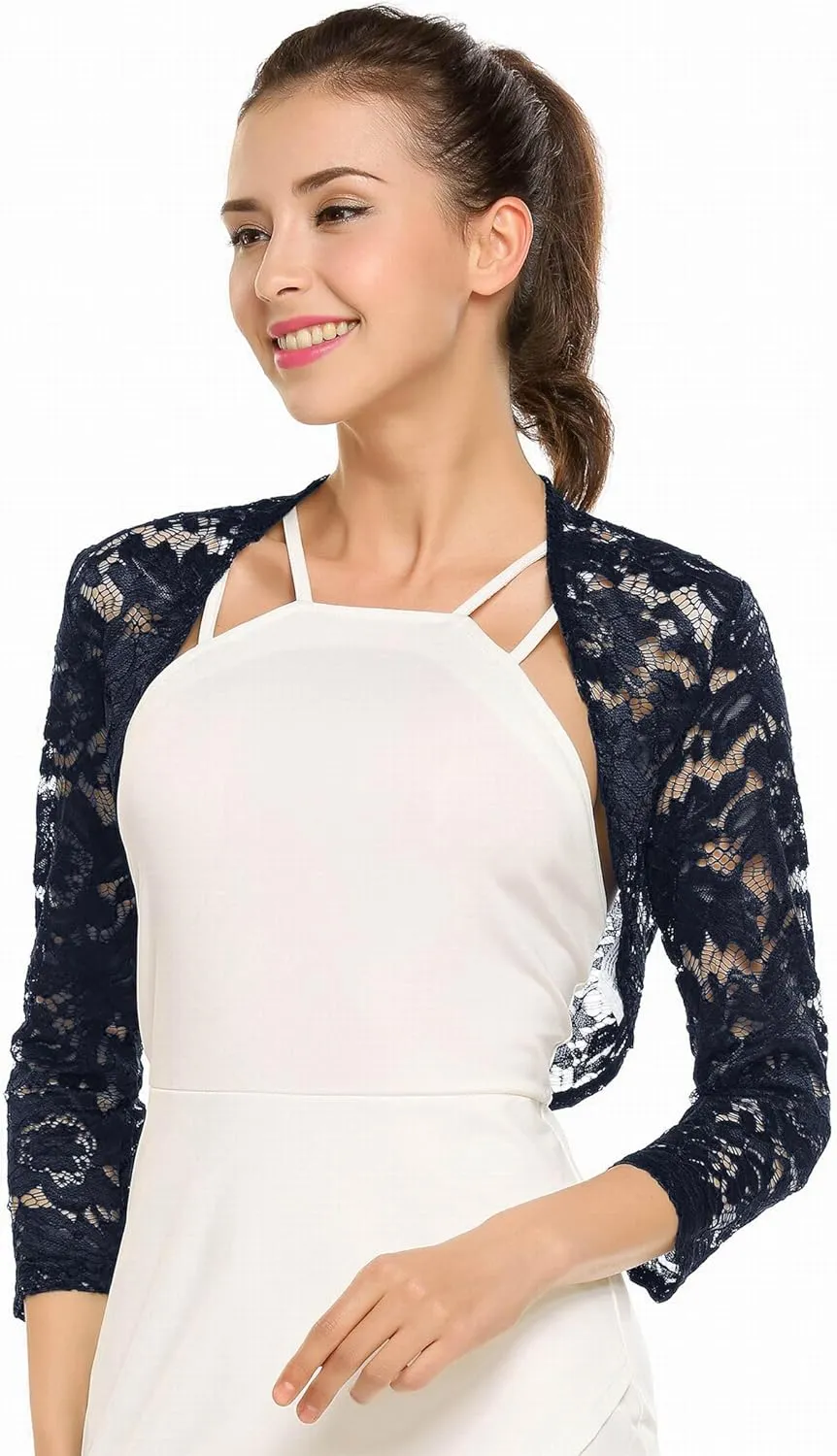 Zeagoo Women's 3/4 Sleeve Bolero Shrugs for Dresses Crochet Lace Open Front Cropped Cardigan