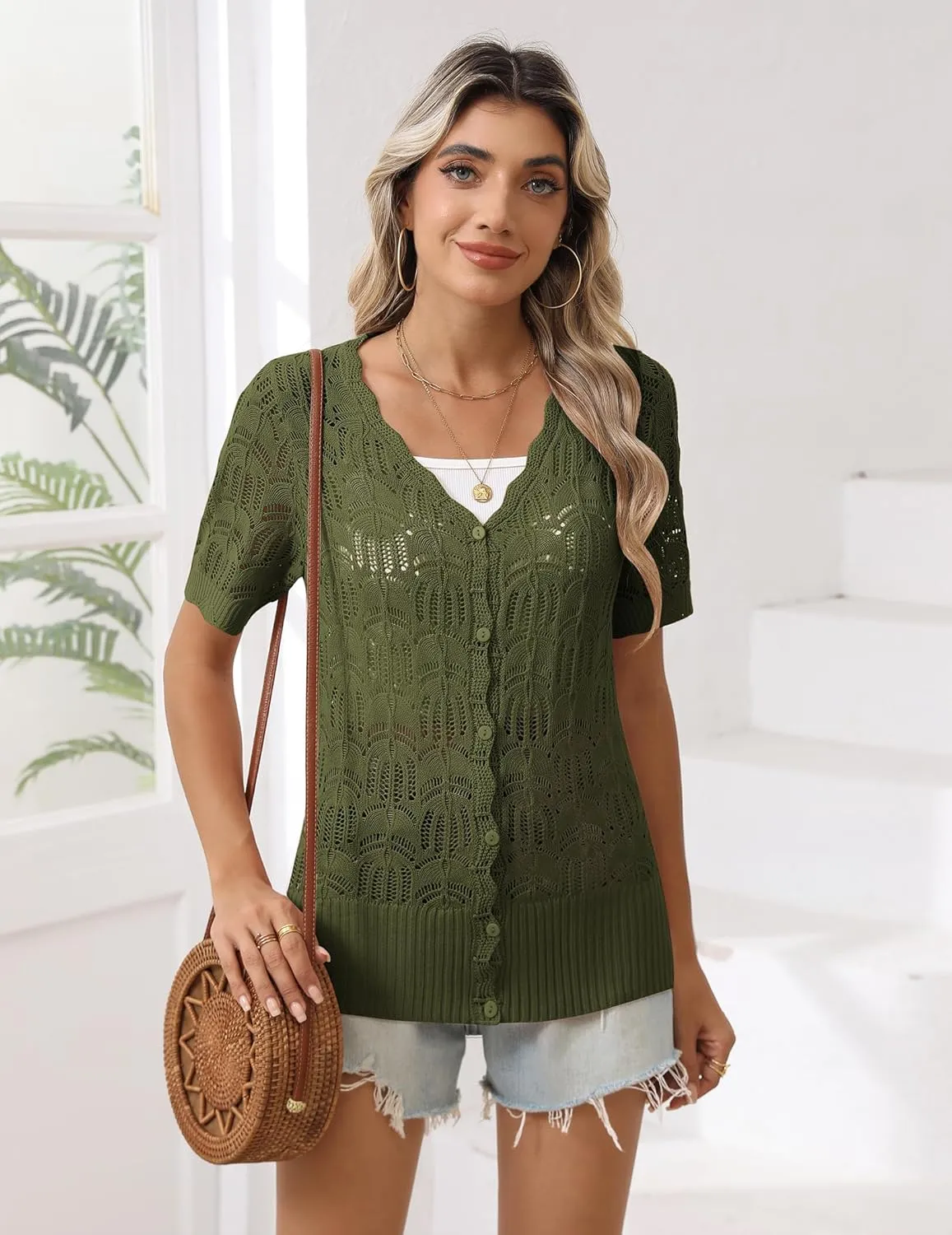 Zeagoo Women's Short Sleeve Summer Cardigan V-Neck Button up Lightweight Hollow Out Sweater Cardigans Shrug