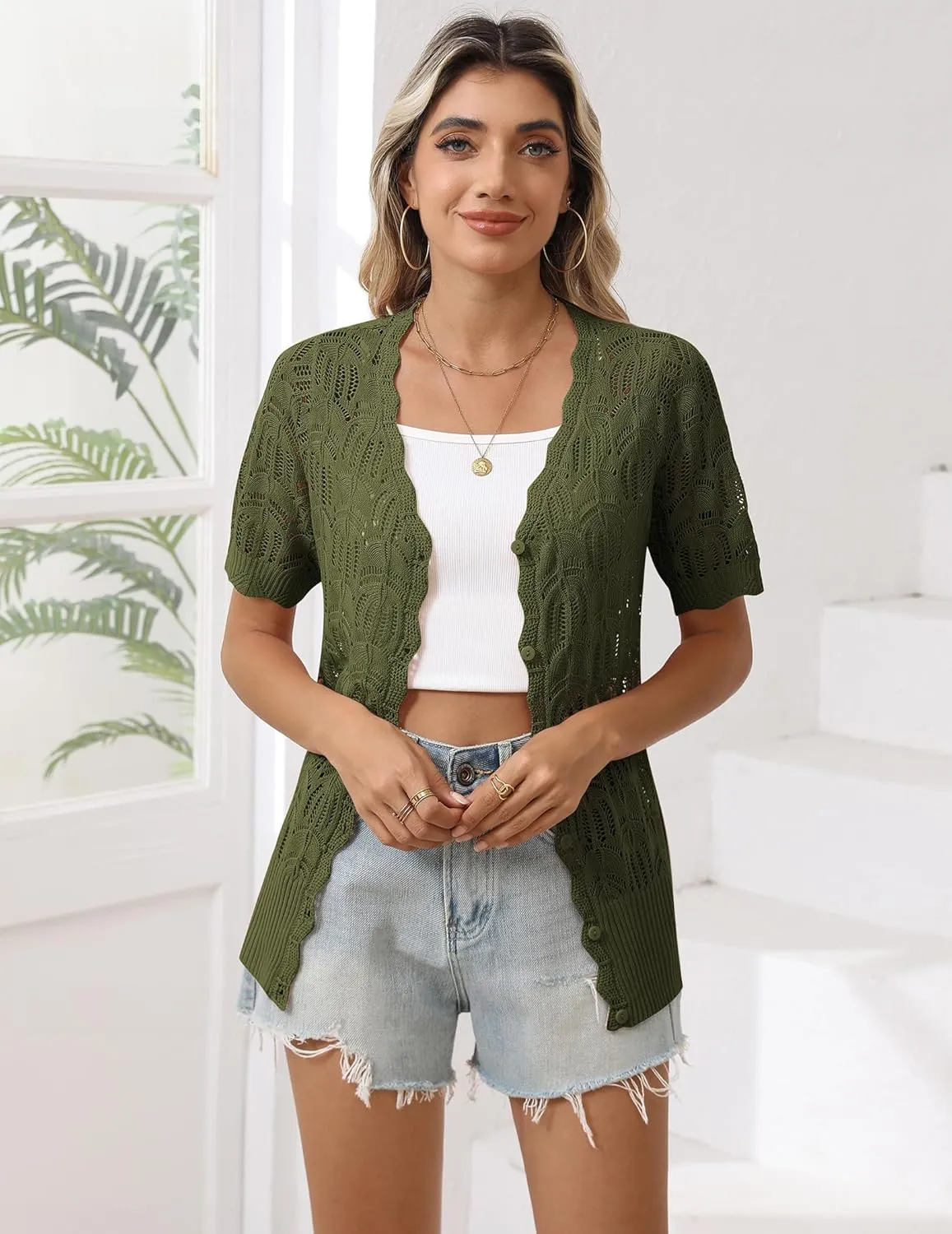 Zeagoo Women's Short Sleeve Summer Cardigan V-Neck Button up Lightweight Hollow Out Sweater Cardigans Shrug