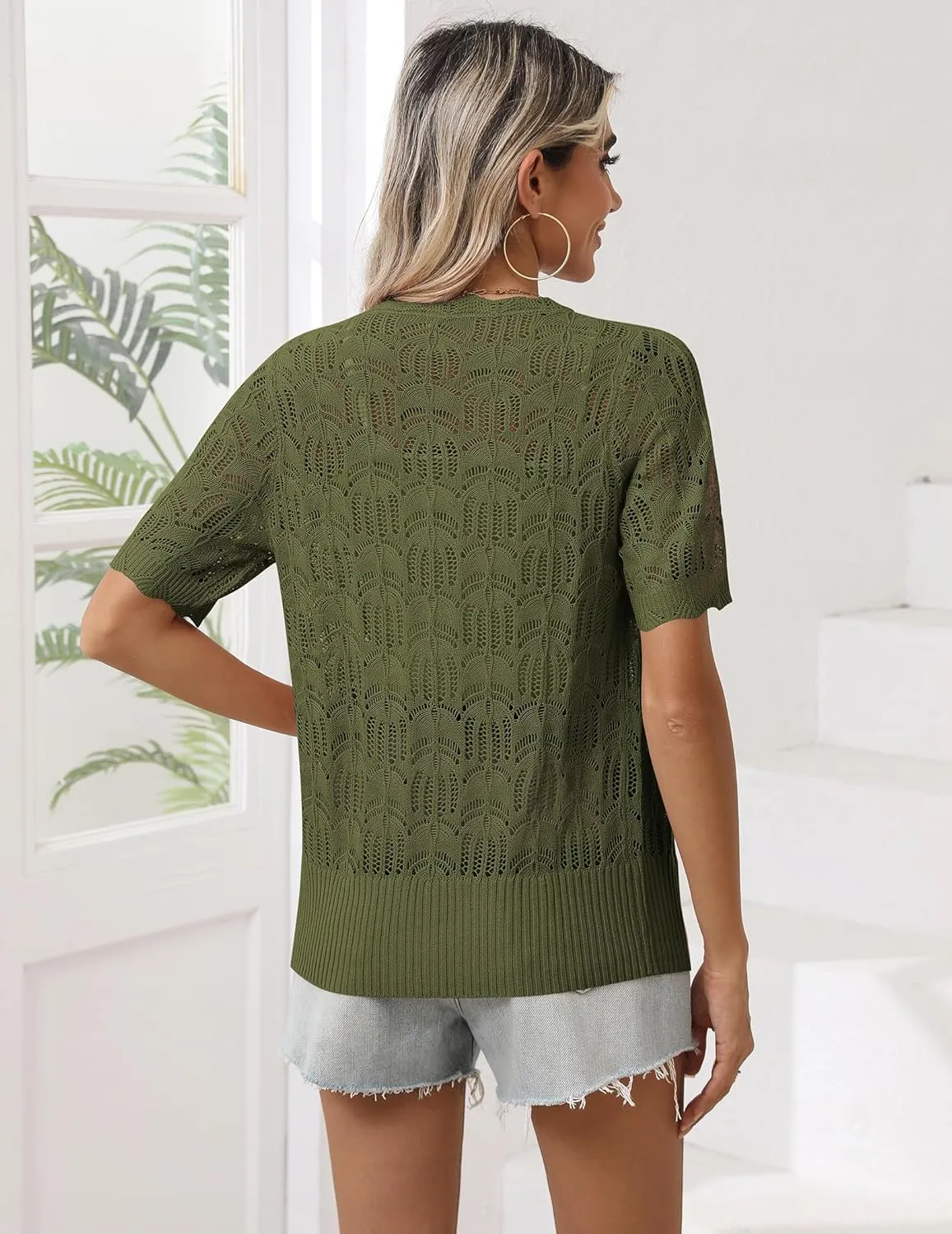 Zeagoo Women's Short Sleeve Summer Cardigan V-Neck Button up Lightweight Hollow Out Sweater Cardigans Shrug