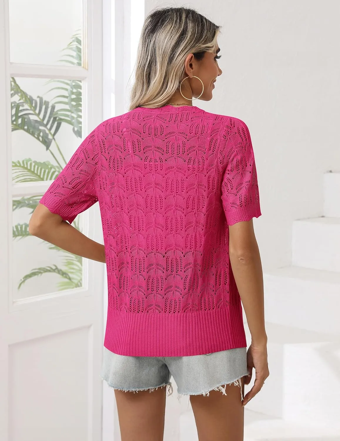 Zeagoo Women's Short Sleeve Summer Cardigan V-Neck Button up Lightweight Hollow Out Sweater Cardigans Shrug