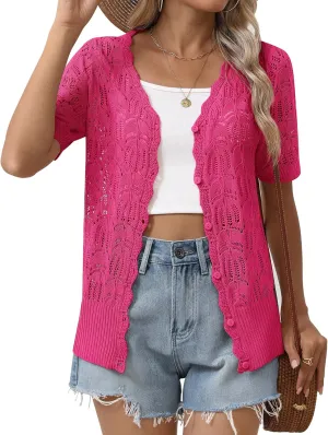 Zeagoo Women's Short Sleeve Summer Cardigan V-Neck Button up Lightweight Hollow Out Sweater Cardigans Shrug
