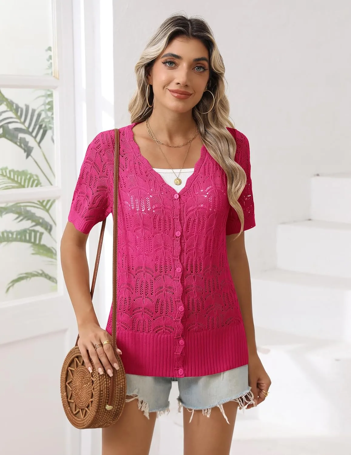 Zeagoo Women's Short Sleeve Summer Cardigan V-Neck Button up Lightweight Hollow Out Sweater Cardigans Shrug