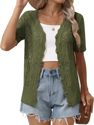 Zeagoo Women's Short Sleeve Summer Cardigan V-Neck Button up Lightweight Hollow Out Sweater Cardigans Shrug