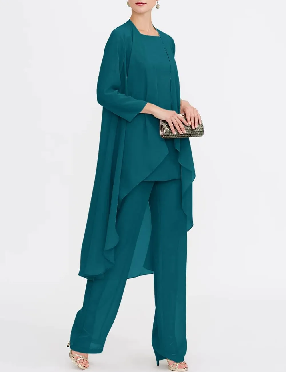 Zongqiven Chiffon Mother of The Bride Pant Suits 3Pcs Wedding Formal Outfit Set Evening Gown for Women