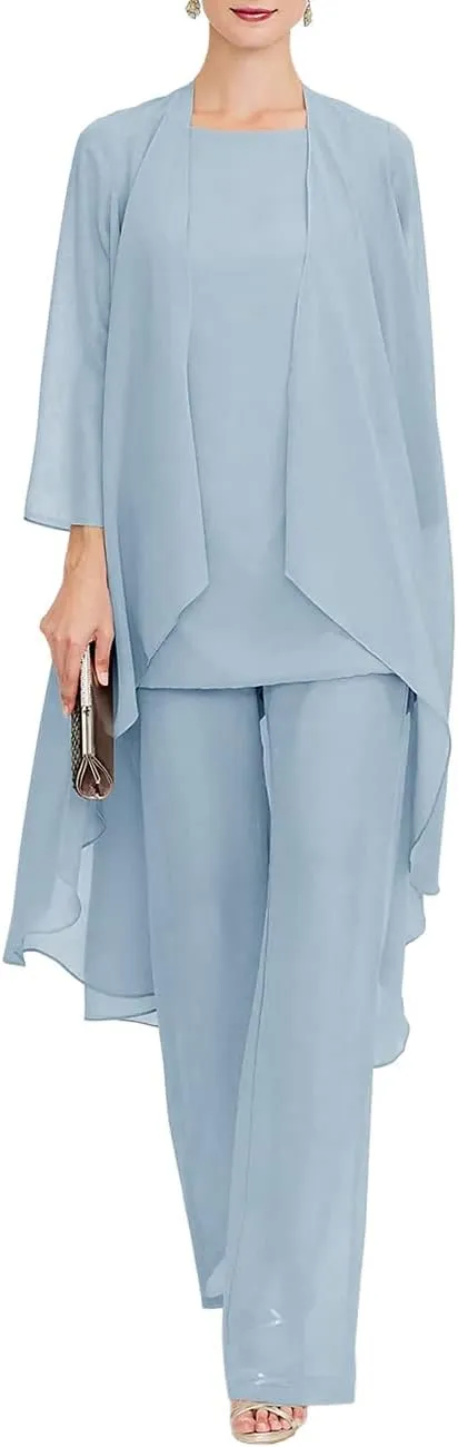 Zongqiven Chiffon Mother of The Bride Pant Suits 3Pcs Wedding Formal Outfit Set Evening Gown for Women